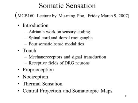 1 Somatic Sensation ( MCB160 Lecture by Mu-ming Poo, Friday March 9, 2007) Introduction –Adrian’s work on sensory coding –Spinal cord and dorsal root ganglia.