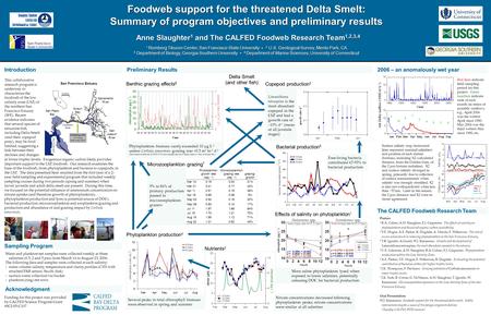 Foodweb support for the threatened Delta Smelt: Summary of program objectives and preliminary results Anne Slaughter 1 and The CALFED Foodweb Research.