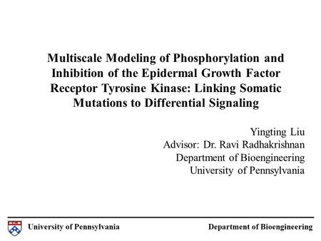 University of Pennsylvania Department of Bioengineering Multiscale Modeling of Phosphorylation and Inhibition of the Epidermal Growth Factor Receptor Tyrosine.