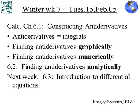 Winter wk 7 – Tues.15.Feb.05 Calc. Ch.6.1: Constructing Antiderivatives Antiderivatives = integrals Finding antiderivatives graphically Finding antiderivatives.