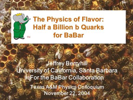 The Physics of Flavor: Half a Billion b Quarks for BaBar Jeffrey Berryhill University of California, Santa Barbara For the BaBar Collaboration Texas A&M.