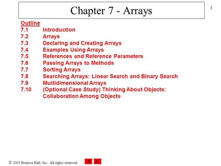  2003 Prentice Hall, Inc. All rights reserved. 1 Chapter 7 - Arrays Outline 7.1 Introduction 7.2 Arrays 7.3 Declaring and Creating Arrays 7.4 Examples.