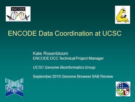 ENCODE Data Coordination at UCSC Kate Rosenbloom ENCODE DCC Technical Project Manager UCSC Genome Bioinformatics Group September 2010 Genome Browser SAB.