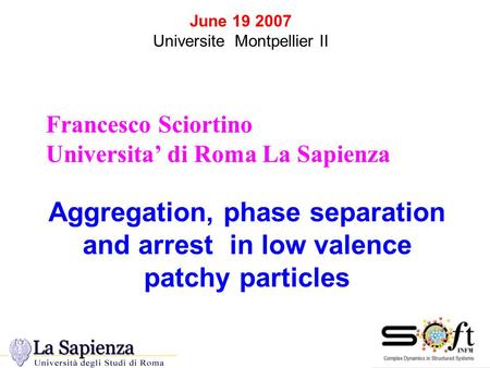 June 19 2007 Universite Montpellier II Francesco Sciortino Universita’ di Roma La Sapienza Aggregation, phase separation and arrest in low valence patchy.