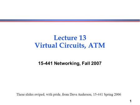 1 Lecture 13 Virtual Circuits, ATM 15-441 Networking, Fall 2007 These slides swiped, with pride, from Dave Anderson, 15-441 Spring 2006.