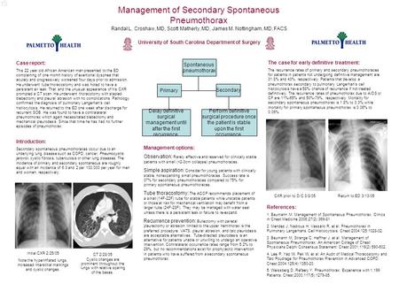 Management of Secondary Spontaneous Pneumothorax CT 2/28/05 Cystic changes are prominent throughout the lungs with relative sparing of the bases. Randal.