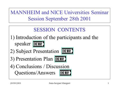 28/09/2001Jean-Jacques Mangeot1 MANNHEIM and NICE Universities Seminar Session September 28th 2001 SESSION CONTENTS 1) Introduction of the participants.