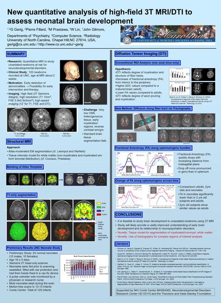 New quantitative analysis of high-field 3T MRI/DTI to assess neonatal brain development 1,2 G Gerig, 2 Pierre Fillard, 2 M Prastawa, 3 W Lin, 1 John Gilmore,