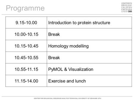 CENTER FOR BIOLOGICAL SEQUENCE ANALYSISTECHNICAL UNIVERSITY OF DENMARK DTU Programme 9.15-10.00Introduction to protein structure 10.00-10.15Break 10.15-10.45Homology.