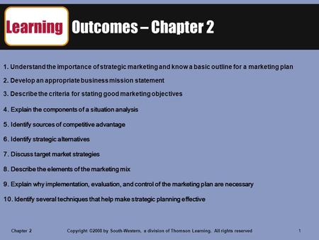 Chapter 2Copyright ©2008 by South-Western, a division of Thomson Learning. All rights reserved 1 Learning Outcomes – Chapter 2 1. Understand the importance.