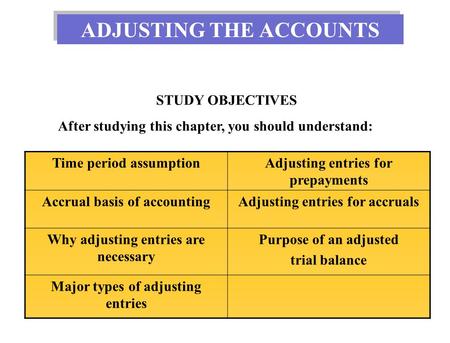 STUDY OBJECTIVES After studying this chapter, you should understand: Time period assumptionAdjusting entries for prepayments Accrual basis of accountingAdjusting.
