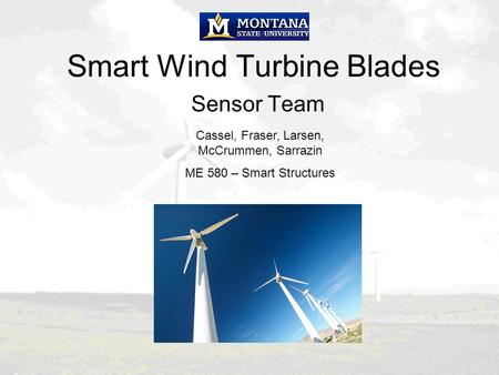 Smart Wind Turbine Blades Sensor Team Cassel, Fraser, Larsen, McCrummen, Sarrazin ME 580 – Smart Structures.