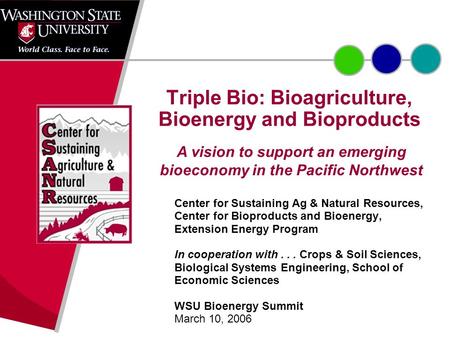 Triple Bio: Bioagriculture, Bioenergy and Bioproducts Center for Sustaining Ag & Natural Resources, Center for Bioproducts and Bioenergy, Extension Energy.