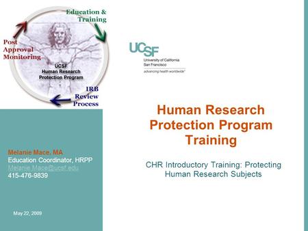 Human Research Protection Program Training CHR Introductory Training: Protecting Human Research Subjects Melanie Mace, MA Education Coordinator, HRPP