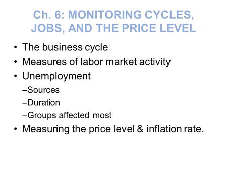 Ch. 6: MONITORING CYCLES, JOBS, AND THE PRICE LEVEL The business cycle Measures of labor market activity Unemployment –Sources –Duration –Groups affected.