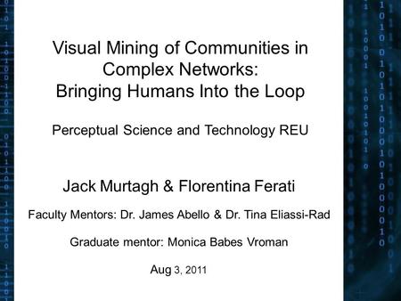 Visual Mining of Communities in Complex Networks: Bringing Humans Into the Loop Perceptual Science and Technology REU Jack Murtagh & Florentina Ferati.