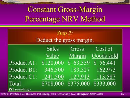 16 - 1 ©2003 Prentice Hall Business Publishing, Cost Accounting 11/e, Horngren/Datar/Foster Constant Gross-Margin Percentage NRV Method Step 2: Deduct.