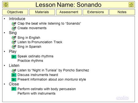 Lesson Name: Sonando Introduce Clap the beat while listening to “Sonando” Create movements Sing Sing in English Listen to Pronunciation Track Sing in Spanish.