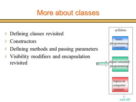 Unit 4II 1 More about classes H Defining classes revisited H Constructors H Defining methods and passing parameters H Visibility modifiers and encapsulation.