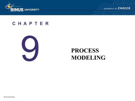 Bina Nusantara 9 C H A P T E R PROCESS MODELING. Bina Nusantara Process Modeling Define systems modeling and differentiate between logical and physical.