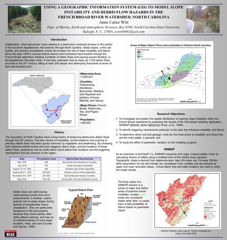 USING A GEOGRAPHIC INFORMATION SYSTEM (GIS) TO MODEL SLOPE INSTABILITY AND DEBRIS FLOW HAZARDS IN THE FRENCH BROAD RIVER WATERSHED, NORTH CAROLINA Anne.