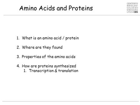 Amino Acids and Proteins 1.What is an amino acid / protein 2.Where are they found 3.Properties of the amino acids 4.How are proteins synthesized 1.Transcription.