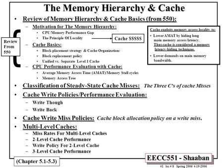 EECC551 - Shaaban #1 lec # 8 Spring 2006 4-19-2006 The Memory Hierarchy & Cache Memory Hierarchy & Cache Basics (from 550):Review of Memory Hierarchy &