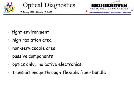 Optical Diagnostics T. Tsang, BNL, March 17, 2006 tight environment high radiation area non-serviceable area passive components optics only, no active.