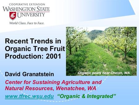 Recent Trends in Organic Tree Fruit Production: 2001 David Granatstein Center for Sustaining Agriculture and Natural Resources, Wenatchee, WA www.tfrec.wsu.eduwww.tfrec.wsu.edu.