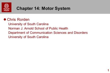 1 Chapter 14: Motor System Chris Rorden University of South Carolina Norman J. Arnold School of Public Health Department of Communication Sciences and.
