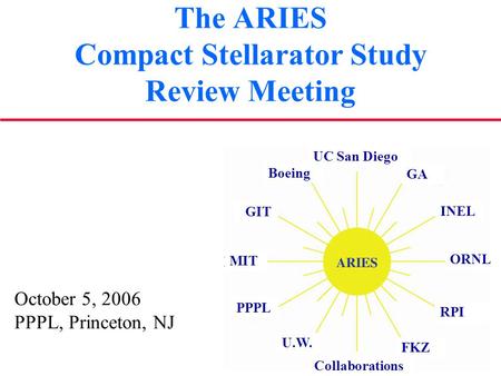 The ARIES Compact Stellarator Study Review Meeting October 5, 2006 PPPL, Princeton, NJ GIT Boeing GA INEL MIT ORNL PPPL RPI U.W. Collaborations FKZ UC.