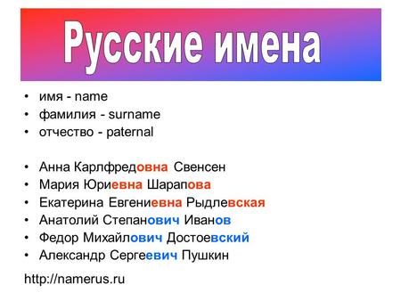 Русские имена имя - name фамилия - surname отчество - paternal