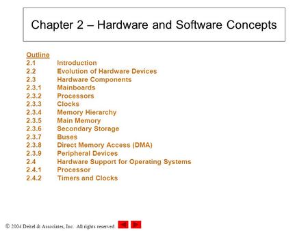  2004 Deitel & Associates, Inc. All rights reserved. Chapter 2 – Hardware and Software Concepts Outline 2.1 Introduction 2.2Evolution of Hardware Devices.