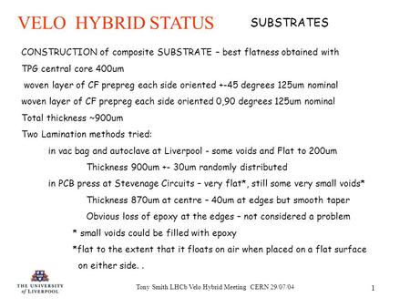Tony Smith LHCb Velo Hybrid Meeting CERN 29/07/04 1 VELO HYBRID STATUS CONSTRUCTION of composite SUBSTRATE – best flatness obtained with TPG central core.