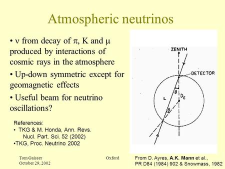 Tom Gaisser October 29, 2002 Oxford Atmospheric neutrinos from decay of , K and  produced by interactions of cosmic rays in the atmosphere Up-down symmetric.