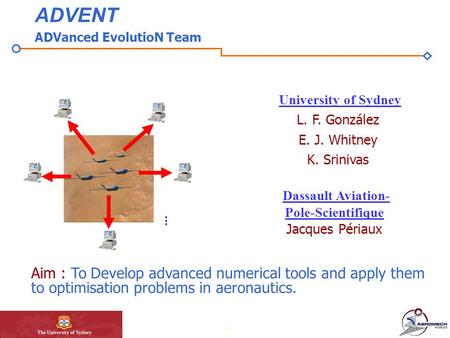 1 University of Sydney L. F. González E. J. Whitney K. Srinivas ADVENT Aim : To Develop advanced numerical tools and apply them to optimisation problems.