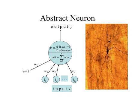 Abstract Neuron { o u t p u t y i n p u t i i2 in i w0 i0=1 w2