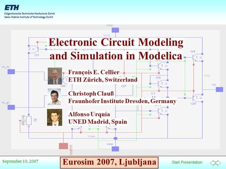 Start Presentation Eurosim 2007, Ljubljana September 10, 2007 Electronic Circuit Modeling and Simulation in Modelica François E. Cellier ETH Zürich, Switzerland.