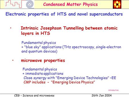 Condensed Matter Physics CEG - Science and microwaves26th Jan 2004 Electronic properties of HTS and novel superconductors Intrinsic Josephson Tunnelling.