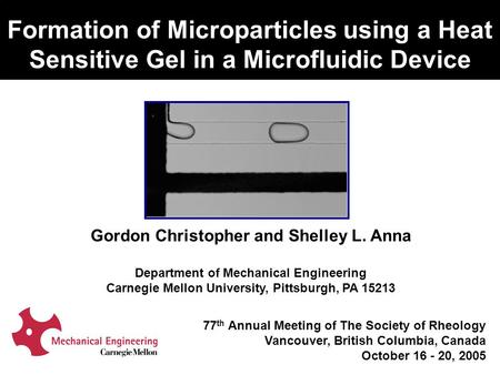 Formation of Microparticles using a Heat Sensitive Gel in a Microfluidic Device 77 th Annual Meeting of The Society of Rheology Vancouver, British Columbia,