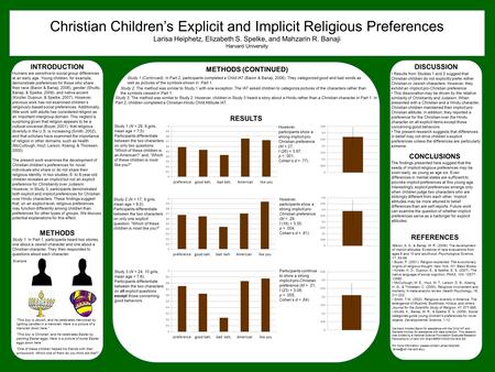 Christian Children’s Explicit and Implicit Religious Preferences Larisa Heiphetz, Elizabeth S. Spelke, and Mahzarin R. Banaji Harvard University INTRODUCTION.