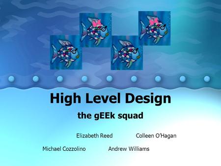 High Level Design the gEEk squad Michael Cozzolino Elizabeth Reed Andrew Williams Colleen O’Hagan.