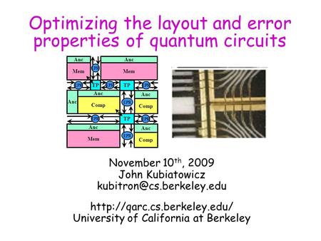Optimizing the layout and error properties of quantum circuits November 10 th, 2009 John Kubiatowicz