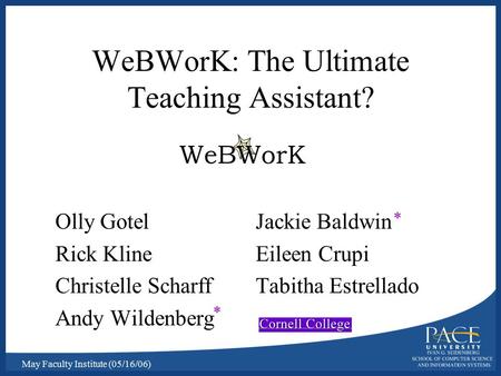 May Faculty Institute (05/16/06) WeBWorK: The Ultimate Teaching Assistant? Olly GotelJackie Baldwin Rick KlineEileen Crupi Christelle ScharffTabitha Estrellado.
