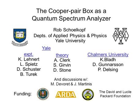 Depts. of Applied Physics & Physics Yale University expt. K. Lehnert L. Spietz D. Schuster B. Turek Chalmers University K.Bladh D. Gunnarsson P. Delsing.