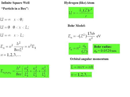 Infinite Square Well “Particle in a Box”: Hydrogen (like) Atom Bohr Model: eV Bohr radius: a 0 = 0.0529 nm Orbital angular momentum.