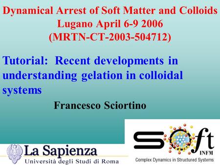Francesco Sciortino Dynamical Arrest of Soft Matter and Colloids Lugano April 6-9 2006 (MRTN-CT-2003-504712) Tutorial: Recent developments in understanding.