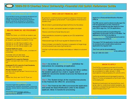 2009-2010 Charles Drew University Financial Aid Quick Reference Guide WHAT IS FINANCIAL AID? Financial Aid is money provided by the federal and state governments.