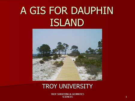 TROY SURVEYING & GEOMATICS SCIENCES 1 A GIS FOR DAUPHIN ISLAND TROY UNIVERSITY.