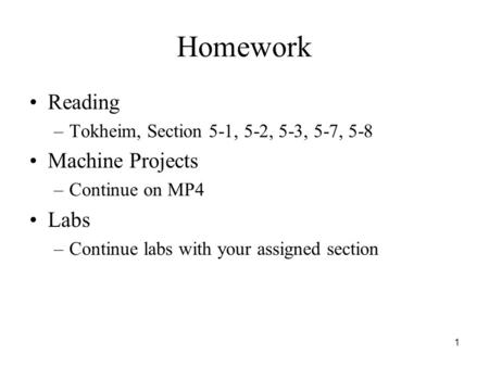 1 Homework Reading –Tokheim, Section 5-1, 5-2, 5-3, 5-7, 5-8 Machine Projects –Continue on MP4 Labs –Continue labs with your assigned section.